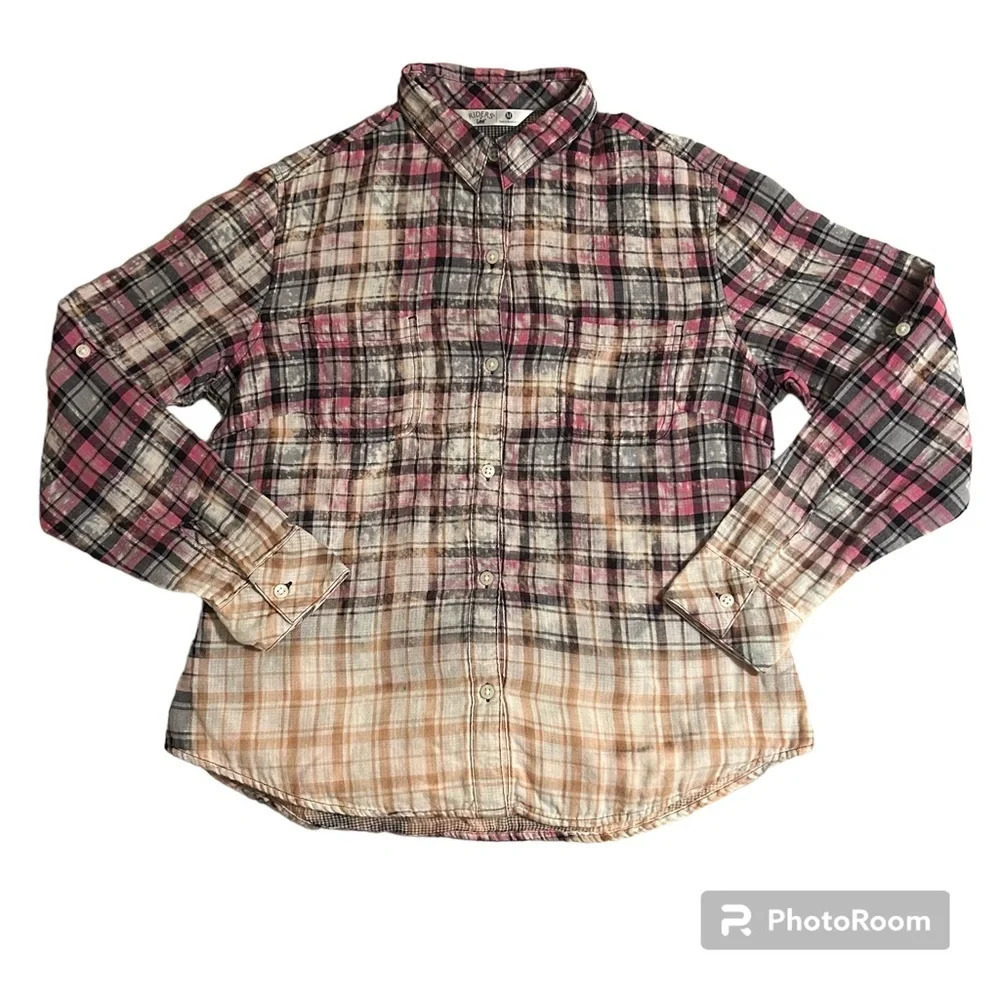 Women’s M Bleached Upcycled Long Sleeve Button Up Plaid Shirt One Of A Kind